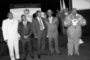 CONFIDENT: KwaZulu- Natal's chairman of the Provincial 2010 Political Oversight Committee, Zweli Mkhize (centre) with, from left, Mike Mabuyakhulu, Sbu Ndebele, Bheki Cele and Obed Mlaba telling the media yesterday that the province' preparations for the World Cup were on track. 12/02/09. © Sowetan.