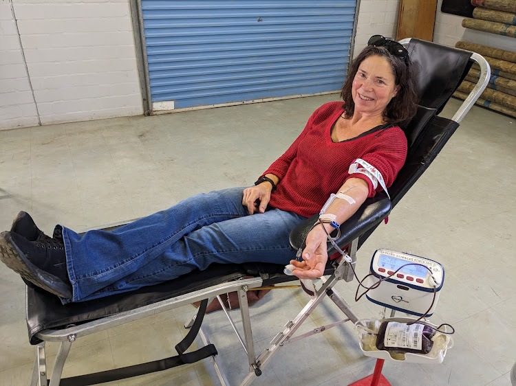 Writer Claire Keeton donating blood at an outreach clinic in Hout Bay