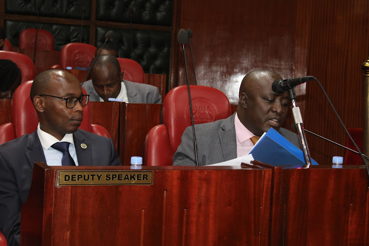 Nairobi County Executive for Finance Charles Kerich and Acting County Secretary Patrick Analo during an ad-hoc committee at the chambers, Nairobi on January 23, 2024