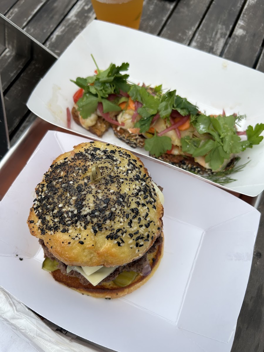 Burger and Pickled Shrimp plate.