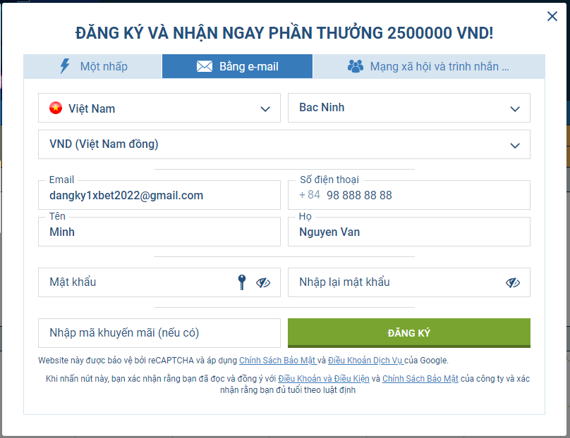 Đăng ký 1xbet bằng email