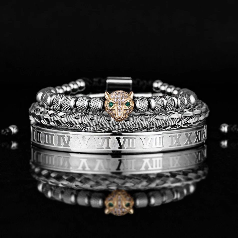 Conjunto Cabeça de Leopardo Malha Abacaxi Pérola Pulseira Romana Adicione um toque de luxo ao seu visual com este conjunto exclusivo e elegante.