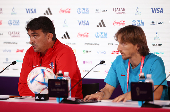 Croatian coach Zlatko Dalic and Luka Modric of Croatia during a press conference on December 8 2022 in Doha, Qatar.