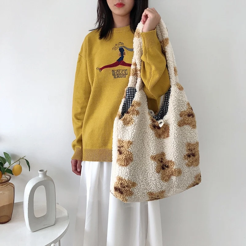 Bolsa de ombro casual de urso de pelúcia fofo, estilo desenho animado, macia e adorável, perfeita para o dia a dia, leve e espaçosa, ideal para meninas.