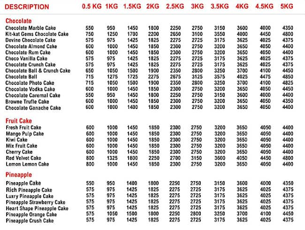 Cake Villah menu 