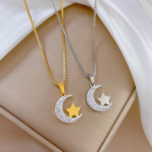Title 3, Titanium Steel Moon Simple Real Gold Necklace A...