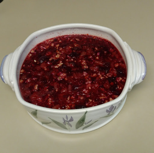 Whole berry cranberry sauce, crushed pineapple, raspberry jello and walnuts.