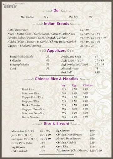 Yashveer Seafood family Resto Bar menu 