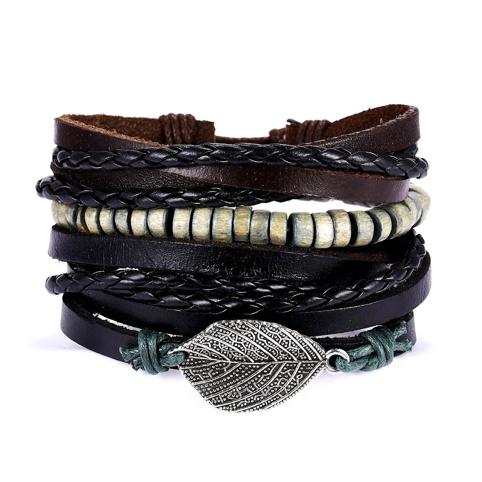 Nova Pulseira Conjunto de Couro Masculina Yiwu, Pulseira Ajustável com Contas de Madeira, Design Criativo de Folhas