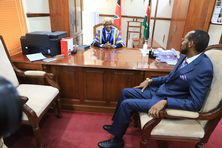 Mandera Governor Mohamed Adan Khalif when he paid a courtesy call to Mandera county assembly speaker Omar Mohamed Maalim on Thursday last week.