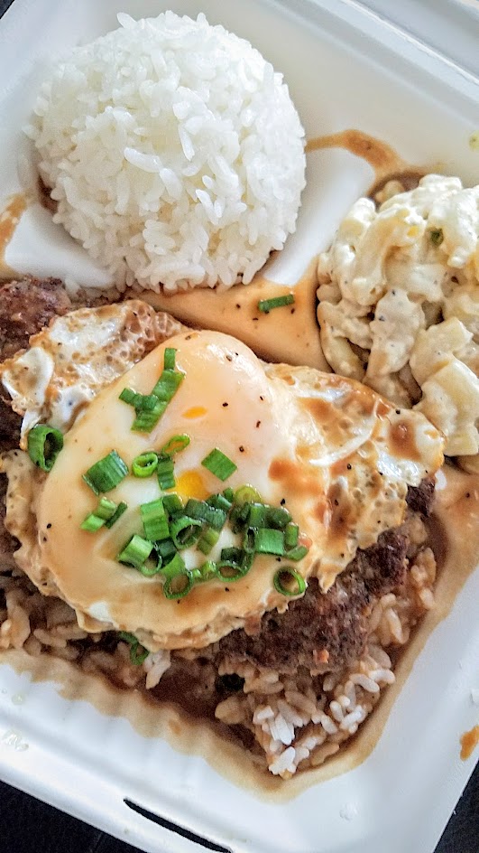 808 Grinds: for their Hawaiian plate lunch, you choose a protein and then the plates also with a scoop each of rice and mac salad. This is the Loco Moco, a handmade, all-beef patty grilled, topped with a fried egg, and smothered in gravy.