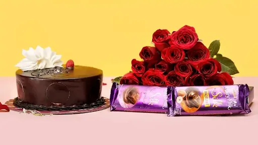 Chocolate Truffle Cake With 10 Rose And 2 Dairy Milk