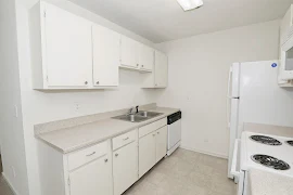 Dishwasher and sink in counter space across from the refrigerator, oven, and microwave