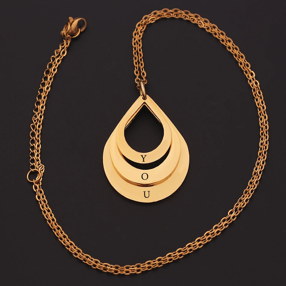 Personalized Family Necklaces Customized Engraved 3 Names Water Drop Pendant