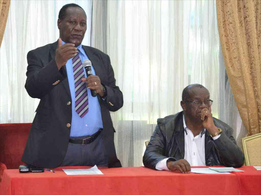 Kitui governor Julius Malombe and Kitui Assembly Speaker George Ndotto at the consultative meeting in Nairobi on Monday./MUSEMBI NZENGU