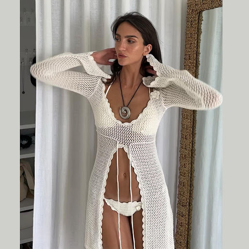 Title 4, Solid Color Knitted Hollow Beach Dress for sunn...