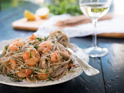 Quinoa pasta with prawns.