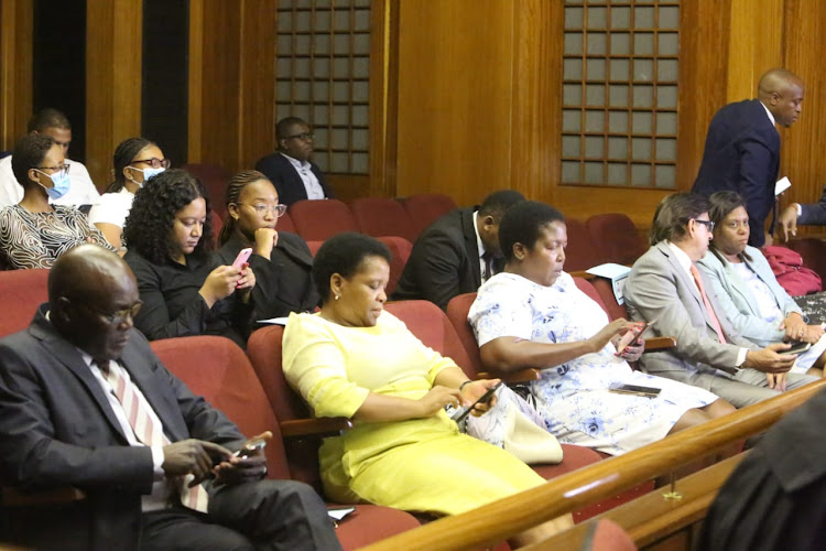 Accused in the Nulane Investments R24.9m fraud and money laundering case before the start of the trial at the Free State High Court. From left to right are Peter Thabethe, Limakatso Moorosi, Seipati Dhlamini, Iqbal Sharma and Ronica Ragavan. Picture: ZIPHOZONKE LUSHABA.