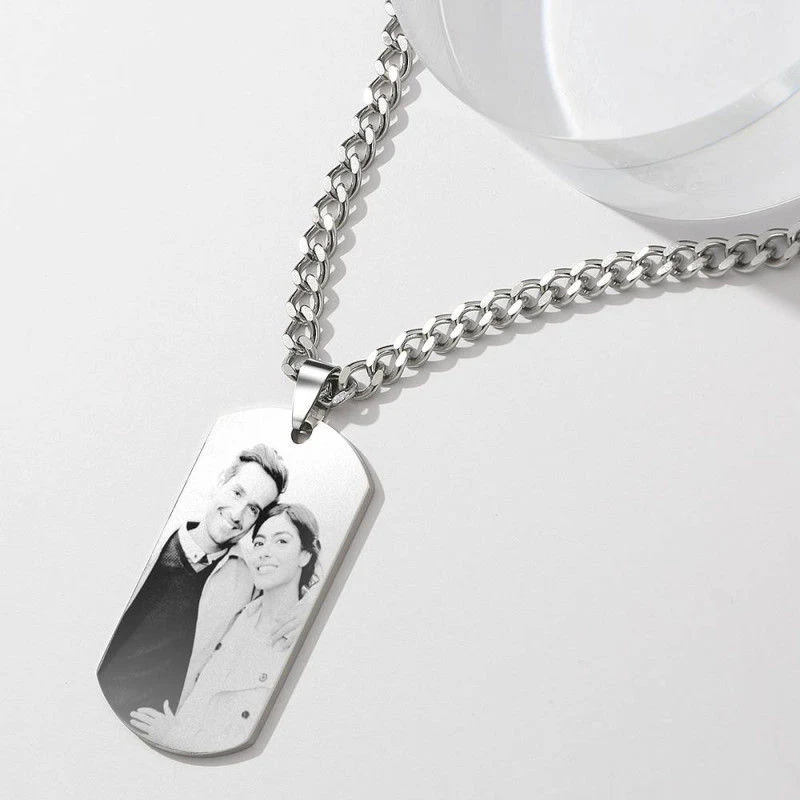 Men's Engraved Photo Silver Necklace