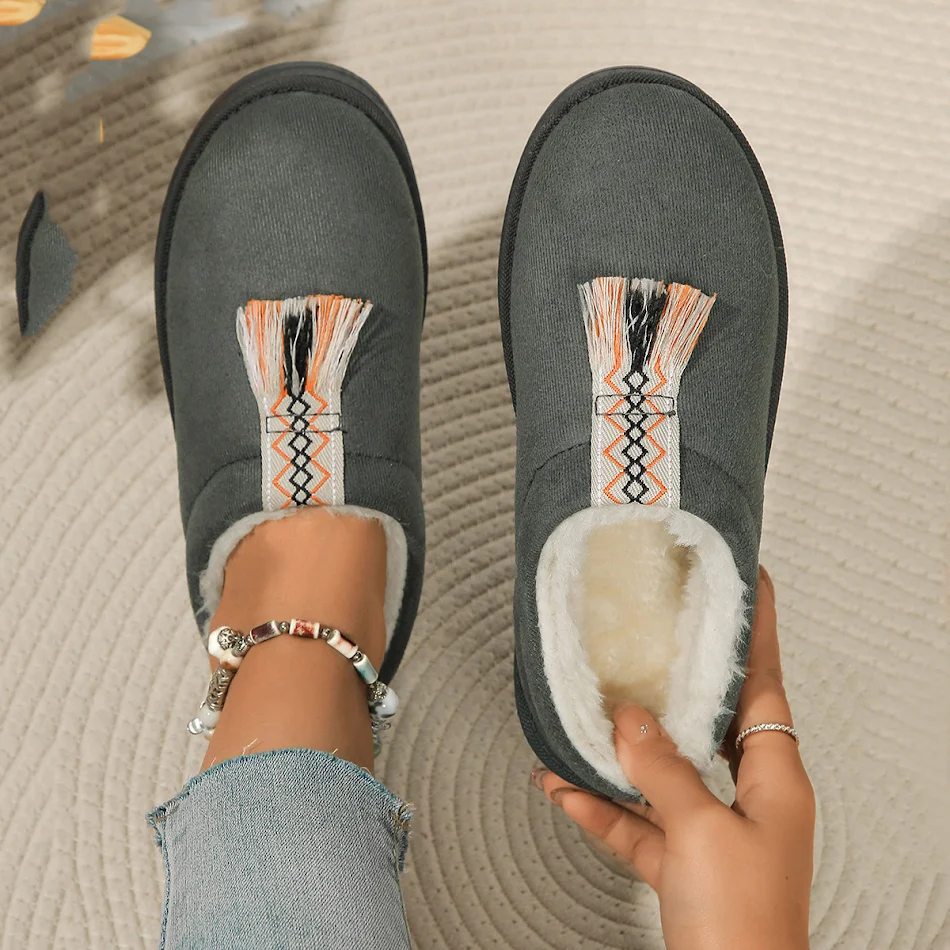 Winter Plush Home Slippers for Women, Fashion Round Toe Flat Suede Garden Shoes, Indoor Warm Floor Bedroom Slipper, Comf