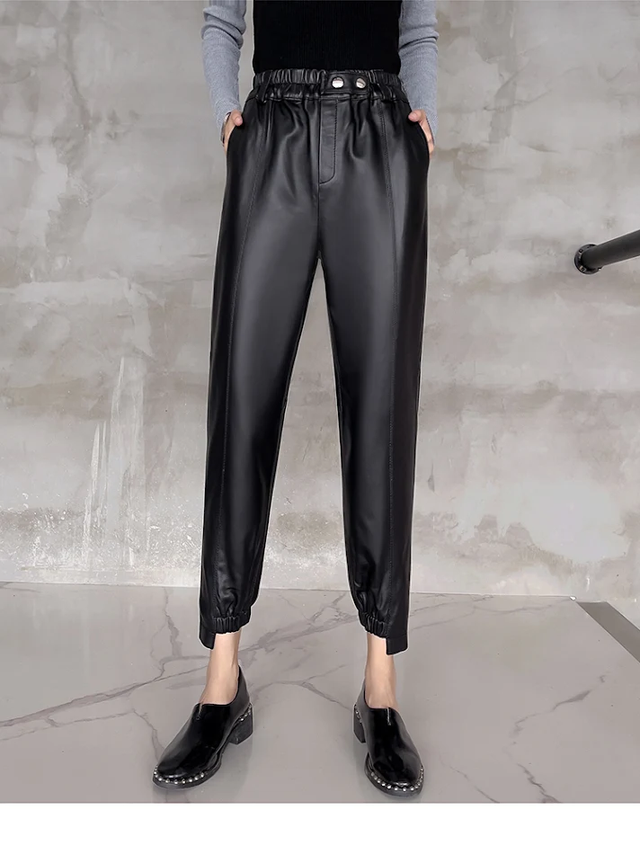 Damen Temperament Leggings Leder Haremshose mit elastischer Taille, für einen bequemen und stilvollen Look, ideal für Freizeit und besondere Anlässe.