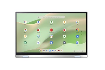 A straightforward view of an inverted ASUS Chromebook Flip C433 displays the apps screen in tablet mode.