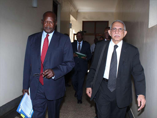 Supreme Court judge Philip Tunoi with his lawyers Pherozee Nowrojee and Fred Ngatia at the Supreme court where he had gone to be probed over te allegation that he received ksh 200Million bribe.PHOTO/FILE