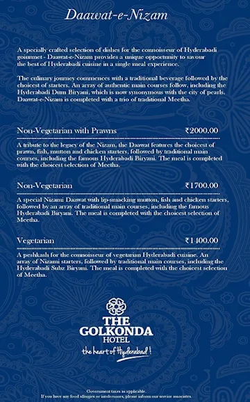 Jewel of Nizam - The Golkonda Hotel menu 