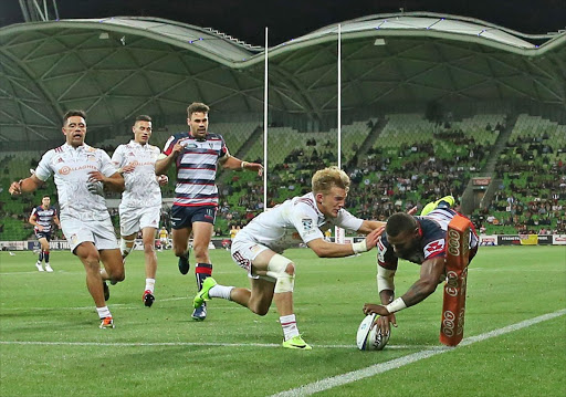 Marika Koroibete of the Melbourne Rebels dives over to score his try during a Super Rugby match against the Waikato Chiefs in Melbourne on Friday 17 February 2017. The Chiefs won 27-14.