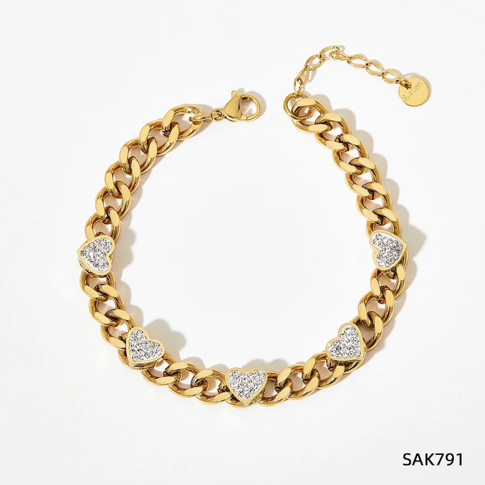 Franse retro roestvrijstalen hartvormige zirkonia armband, een stijlvol en duurzaam sieraad, perfect voor een vleugje romantiek.