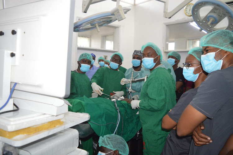 Medical practitioners at the Kiambu Level Five Hospital Theatre room during a medical camp to learn how to conduct laparoscopy.