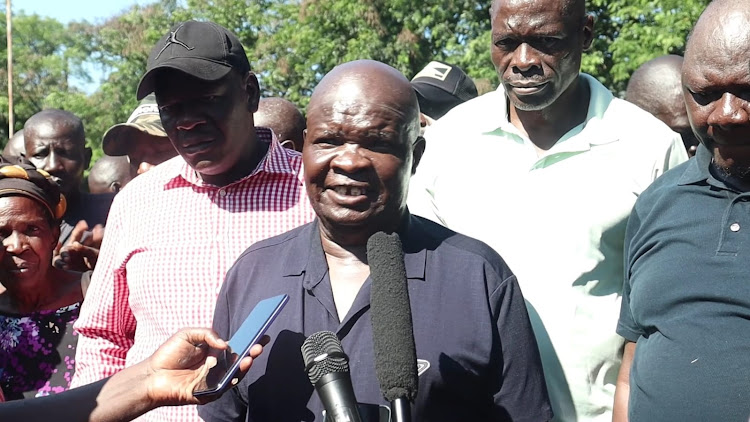 Kisumu Central MP Joshua Oron flanked by other leaders speaks when they visited Ahero to asess the situation after River Nyando broke its banks, May 5, 2024.