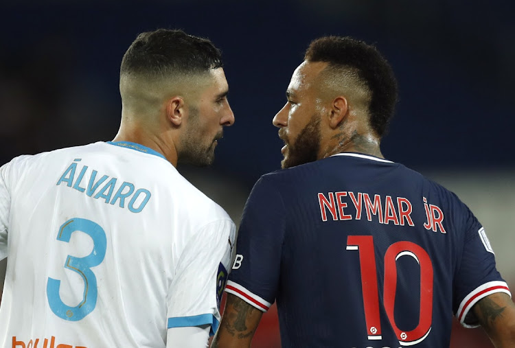 Paris St Germain's Neymar clashes with Olympique de Marseille's Alvaro Gonzalez at Parc des Princes, Paris on September 13, 2020