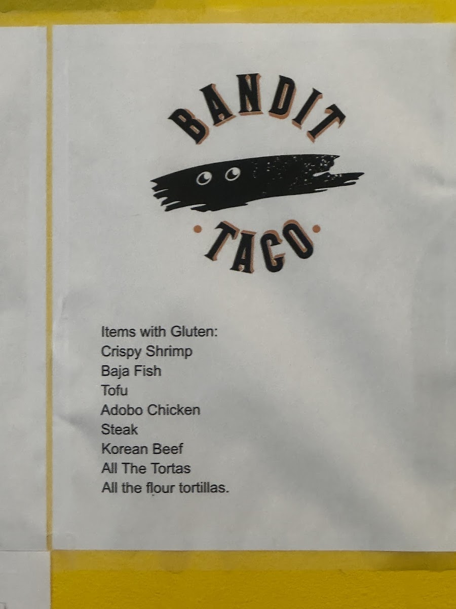 Bandit Taco gluten-free menu