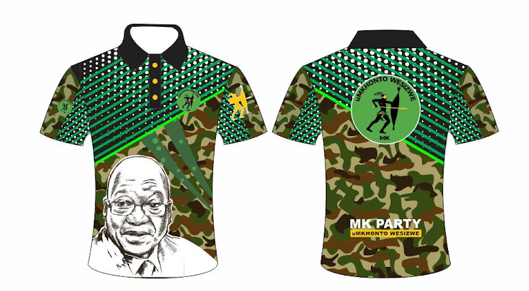 An MK Party golf shirt featuring camo print and the image of former president Jacob Zuma. The party has registered to contest the general elections in May. File photo.