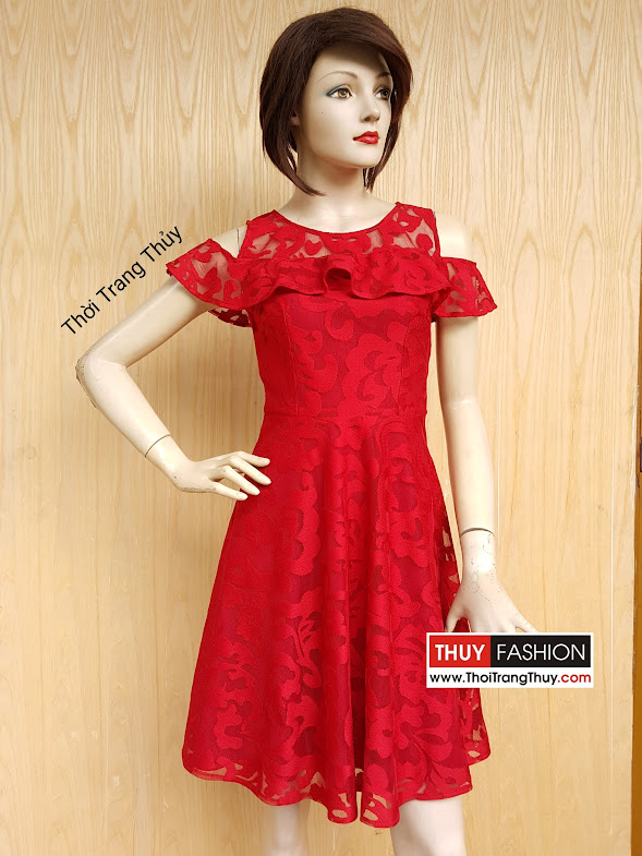 Váy xòe trễ vai phối bèo vải ren tông màu đỏ V413 Thời Trang Thủy