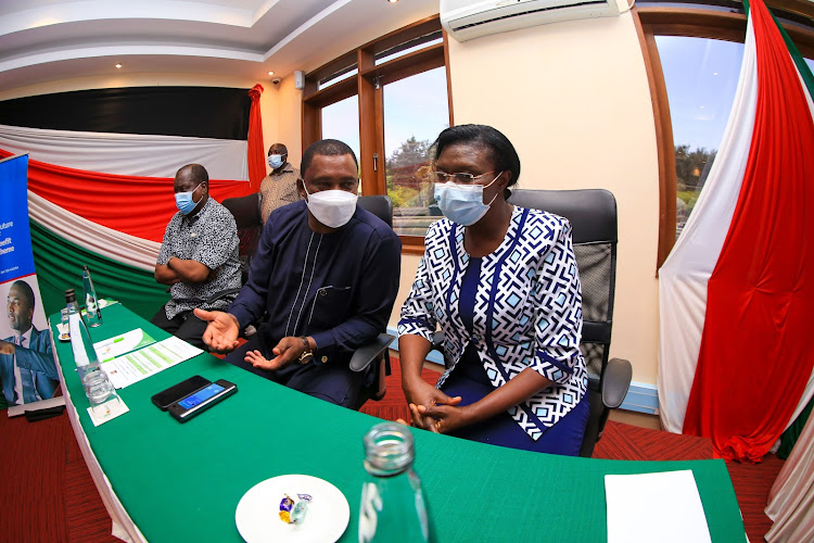 National Assembly Speaker Justin Muturi and County Public Service Boards Forum chairperson Catherine Omweno at Travellers Beach Hotel in Mombasa on Friday.