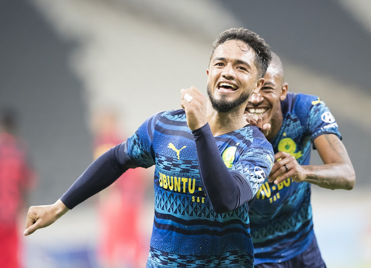 Haashim Domingo of Mamelodi Sundowns celebrates his goal in the DStv Premiership match against TS Galaxy at Mbombela Stadium in Nelspruit on March 2 2022.