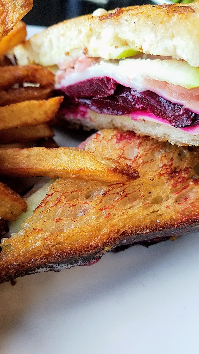 Beet Melt from Ecliptic Brewery, with roasted beets, goat cheddar, granny smith, pickled onion, grain mustard, on sourdough