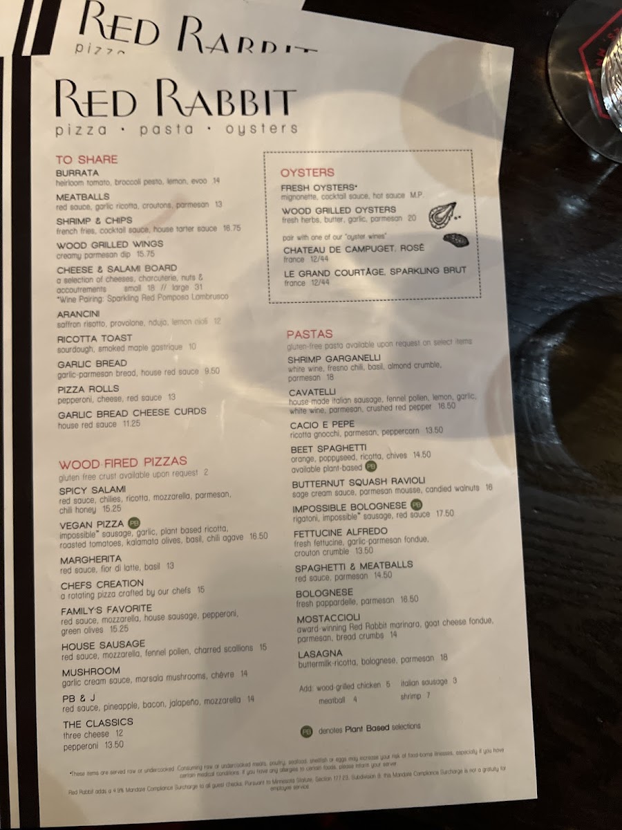 Red Rabbit gluten-free menu