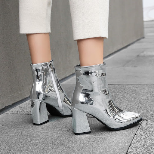 Title 5, Patent leather fabric pointed thick heel high-h...