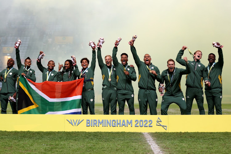 Gold medalists Team South Africa celebrate during the Rugby Sevens Men's medal ceremony on day three of the Birmingham 2022 Commonwealth Games at Coventry Stadium on July 31, 2022