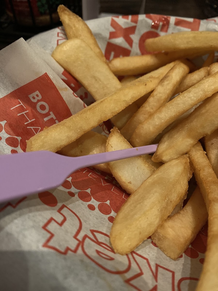 Server was knowledgeable about gluten free items. Explained how the fries were cooked in separate fryer. Made sure to mark my food on the mini order pad as gluten  allergy.