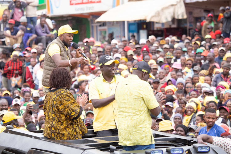 UDA presidential candidate William Ruto, Mathira MP Rigathi Gachagua, Kirinyaga governor Ann Waiguru, and Kiharu MP Ndindi Nyoro during a campaign trail.