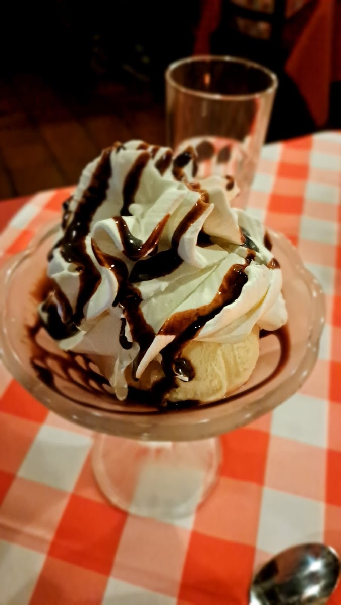 Ice cream with whipped cream and chocolate sauce