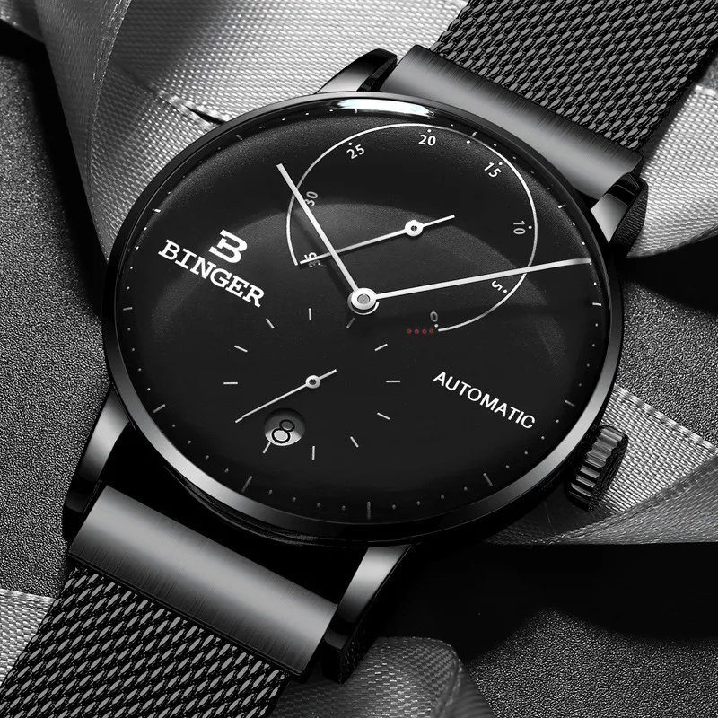 Relógio mecânico automático masculino com vidro curvo, estilo business fashion, elegância e sofisticação para o homem moderno.