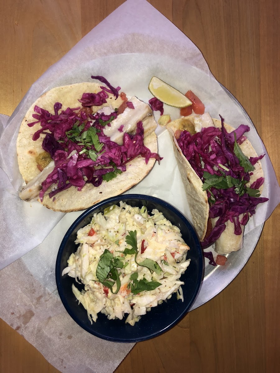 Mahi Tacos with a side of slaw