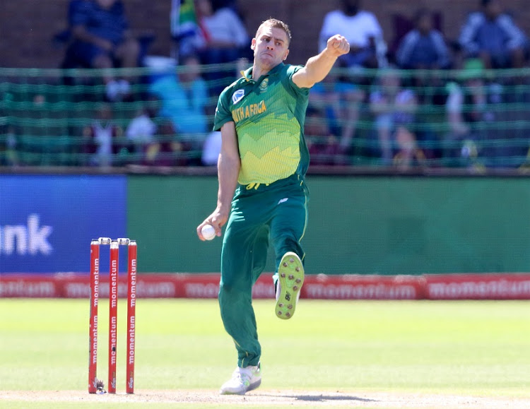 Anrich Nortje of South Africa during the 4th Momentum ODI match between South Africa and Sri Lanka at St Georges Park on March 13, 2019 in Port Elizabeth, South Africa.