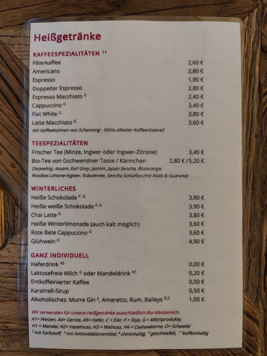 Beverages menu