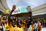 Supporters of African National Congress chanting during their party manifesto launch at Moses Mabhida stadium in Durban ahead of the 2024 general elections.
